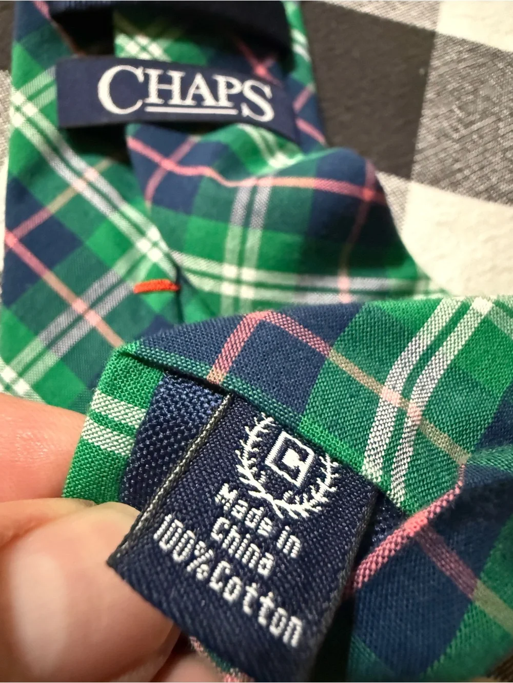 Chaps Green Plaid Tie with Navy and Pink Stripes